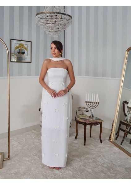 Nova Saten Şal Detay Uzun Elbise