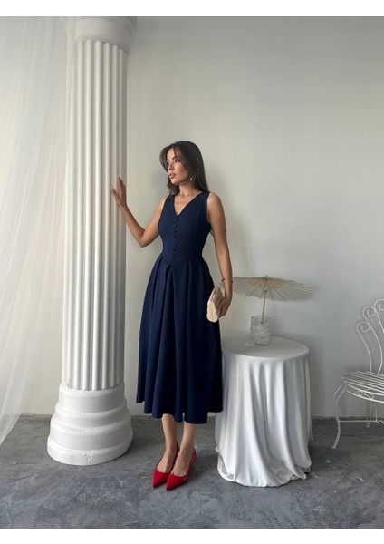 Dore Pileli Düğme Detay Midi Elbise