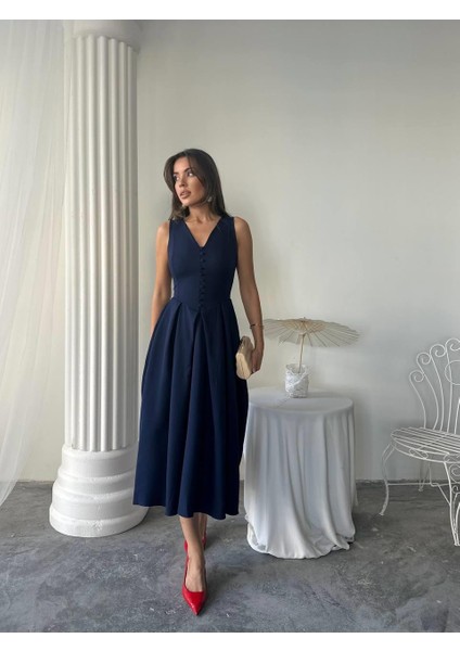 Dore Pileli Düğme Detay Midi Elbise fiyatları