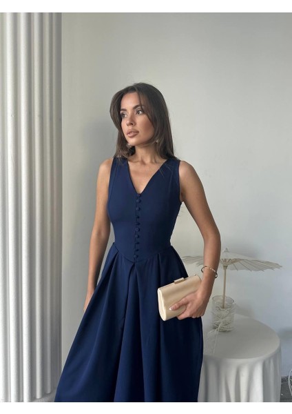 Dore Pileli Düğme Detay Midi Elbise modelleri