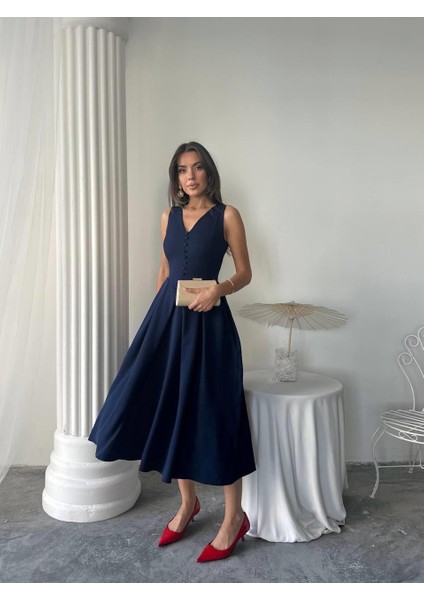 Dore Pileli Düğme Detay Midi Elbise indirimleri