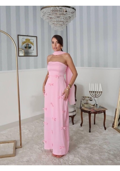 Nova Saten Şal Detay Uzun Elbise