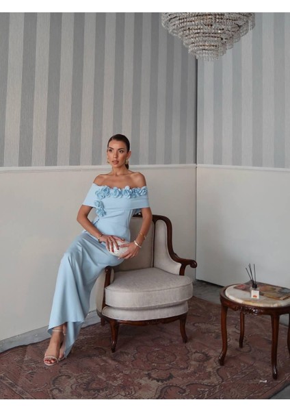 Rina Tasarım Çiçek Detay Uzun Elbise