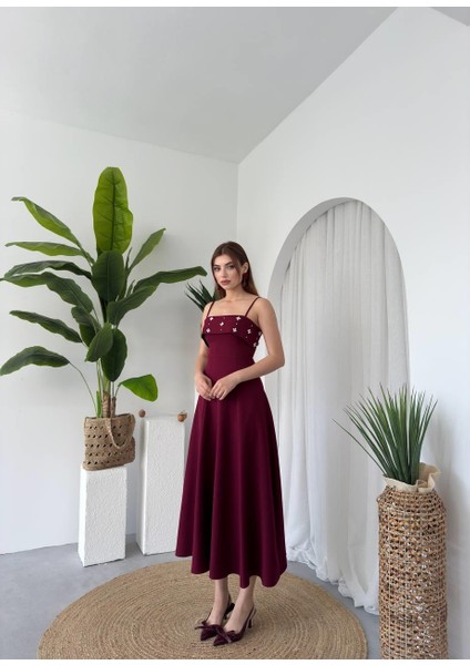 Askılı Inci Detay Kiloş Atlas Uzun Elbise fiyatları