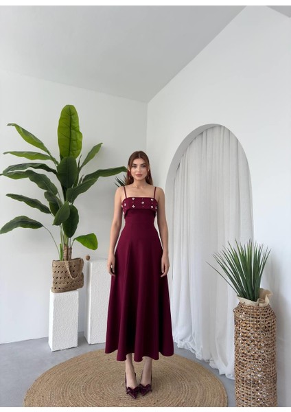 Askılı Inci Detay Kiloş Atlas Uzun Elbise modelleri