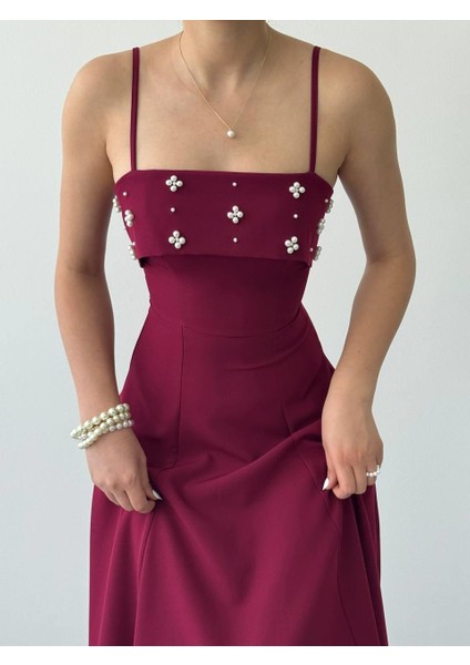 Askılı Inci Detay Kiloş Atlas Uzun Elbise fırsatları