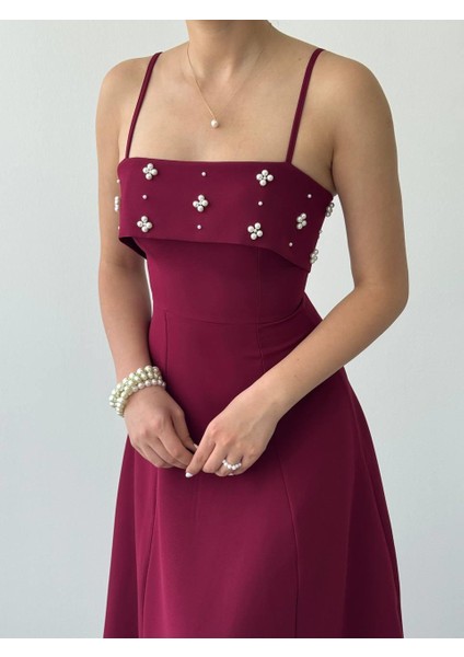 Askılı Inci Detay Kiloş Atlas Uzun Elbise indirimleri