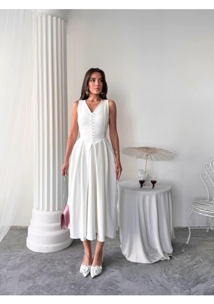 Dore Pileli Düğme Detay Midi Elbise fiyatları