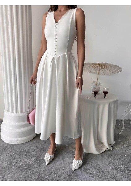 Dore Pileli Düğme Detay Midi Elbise modelleri