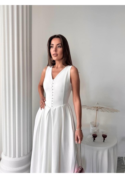 Dore Pileli Düğme Detay Midi Elbise fırsatları