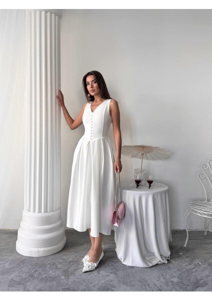 Dore Pileli Düğme Detay Midi Elbise indirimleri