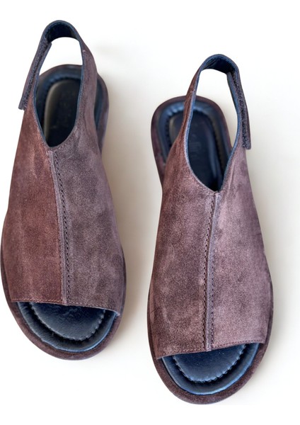 Kahve Süet Hakiki Deri Cırtlı Kadın Günlük Sandalet