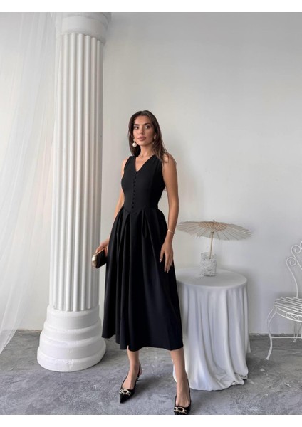 Dore Pileli Düğme Detay Midi Elbise