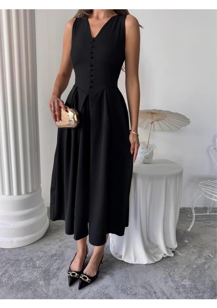 Dore Pileli Düğme Detay Midi Elbise fiyatları