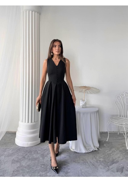 Dore Pileli Düğme Detay Midi Elbise fırsatları