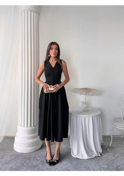 Dore Pileli Düğme Detay Midi Elbise indirimleri