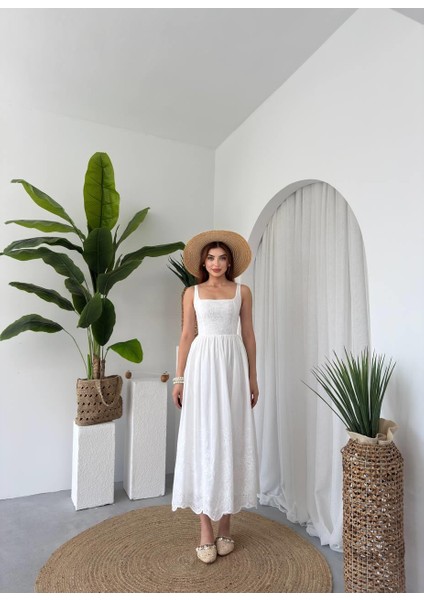 Askılı Keten Nakış Detaylı Uzun Elbise modelleri