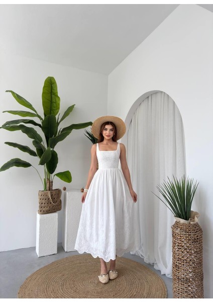 Askılı Keten Nakış Detaylı Uzun Elbise fırsatları