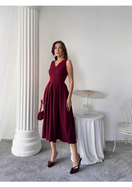 Dore Pileli Düğme Detay Midi Elbise