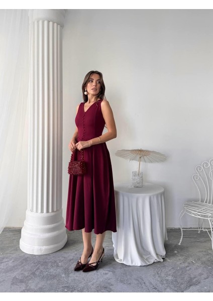 Dore Pileli Düğme Detay Midi Elbise fiyatları