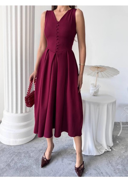 Dore Pileli Düğme Detay Midi Elbise modelleri