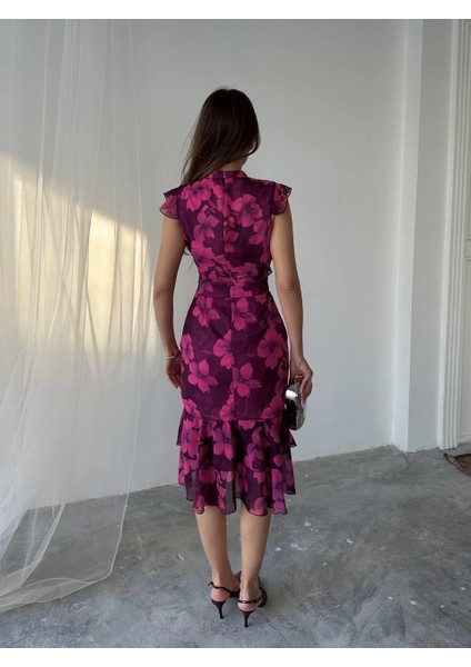 Flora Çiçek Baskılı Şifon Midi Elbise