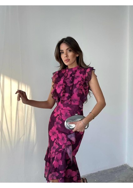 Flora Çiçek Baskılı Şifon Midi Elbise fiyatları