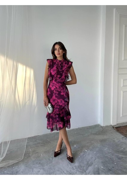 Flora Çiçek Baskılı Şifon Midi Elbise modelleri