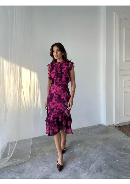 Flora Çiçek Baskılı Şifon Midi Elbise fırsatları