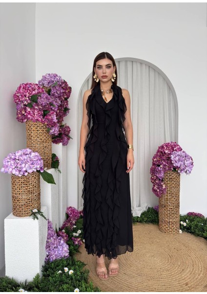 Lotus Şifon Fırfır Detay Uzun Elbise