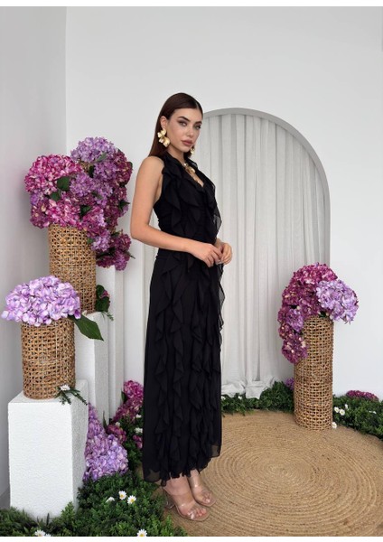 Lotus Şifon Fırfır Detay Uzun Elbise fiyatları