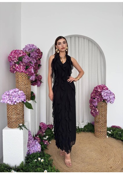 Lotus Şifon Fırfır Detay Uzun Elbise modelleri