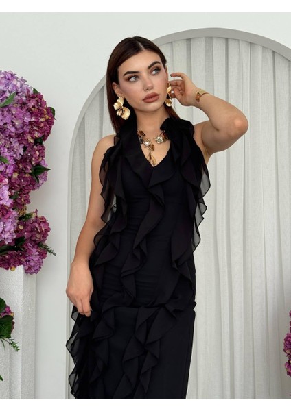 Lotus Şifon Fırfır Detay Uzun Elbise fırsatları