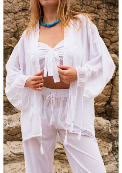 Harmony Kadın Kısa Kimono Püskül ve Nakış Detaylı