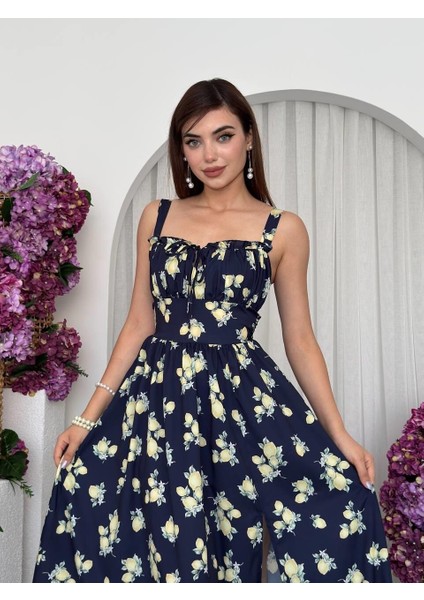Lacivert Limon Desenli Askılı Yırtmaçlı Yazlık Elbise