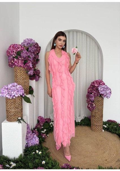 Lotus Şifon Fırfır Detay Uzun Elbise