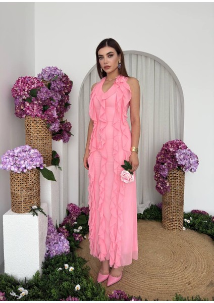 Lotus Şifon Fırfır Detay Uzun Elbise fiyatları