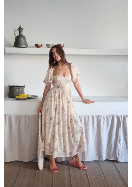 Çiçek Desenli Gloplu Tasarım Zoe Elbise