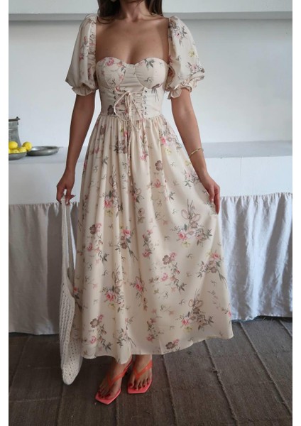 Çiçek Desenli Gloplu Tasarım Zoe Elbise modelleri