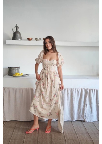 Çiçek Desenli Gloplu Tasarım Zoe Elbise indirimleri