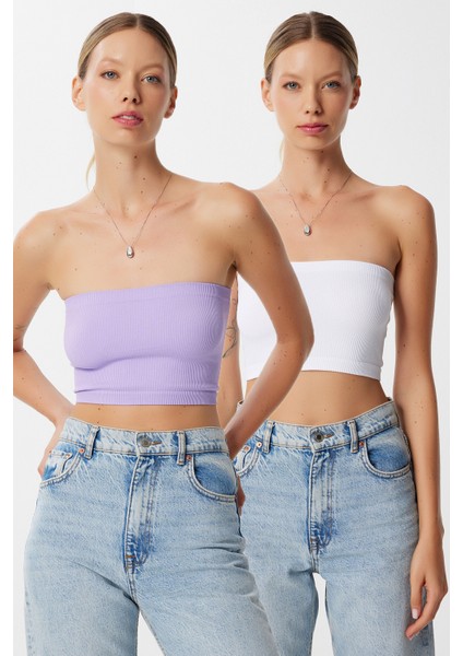 Straplez Fitilli Örme 2'li Paket Büstiyer LUB0211 Lila Beyaz