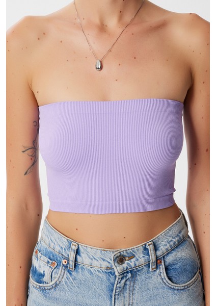 Straplez Fitilli Örme 2'li Paket Büstiyer LUB0211 Lila Beyaz modelleri