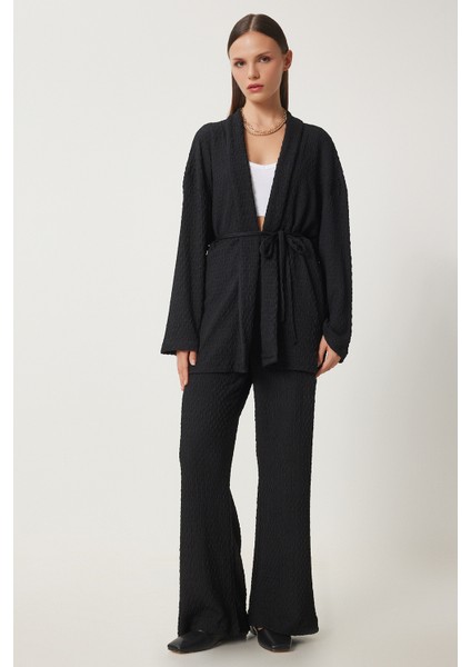 Dokulu Örme Kimono Pantolon Takım LRG0012 Siyah
