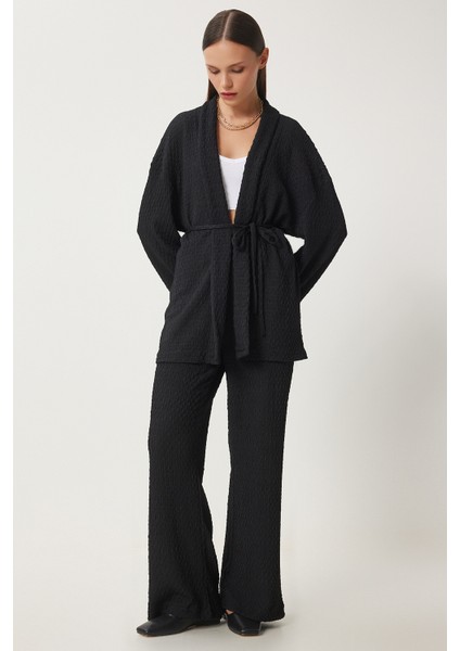 Dokulu Örme Kimono Pantolon Takım LRG0012 Siyah modelleri