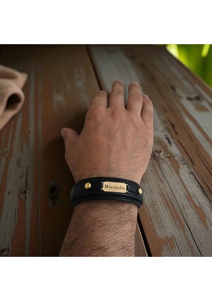 14 Ayar Altın Plakalı Mustafa Ismine Özel Doğal Siyah Derili Oval Figürlü Hediye BILEKLIK-564ISIM