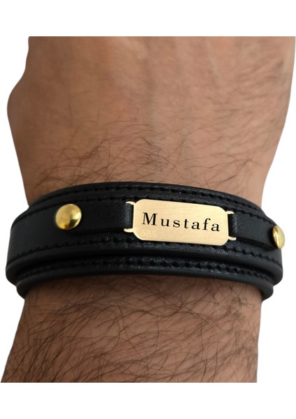 14 Ayar Altın Plakalı Mustafa Ismine Özel Doğal Siyah Derili Oval Figürlü Hediye BILEKLIK-564ISIM fırsatları
