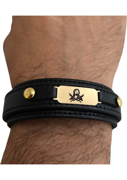 Altın Plakalı 14 Ayar Hz Ali Temalı Oval Figürlü Doğal Siyah Derili Hediye BILEKLIK-564SEMBOL fırsatları