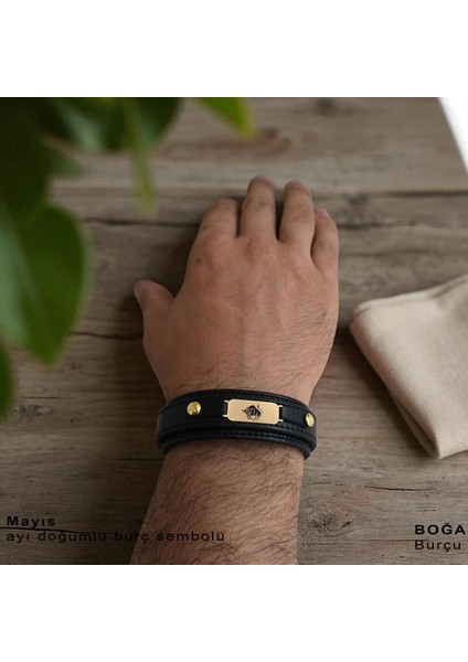 14 Ayar Plakalı Altın Boğa Burçları Için Doğal Siyah Derili Oval Figürlü Hediye BILEKLIK-564BURÇ