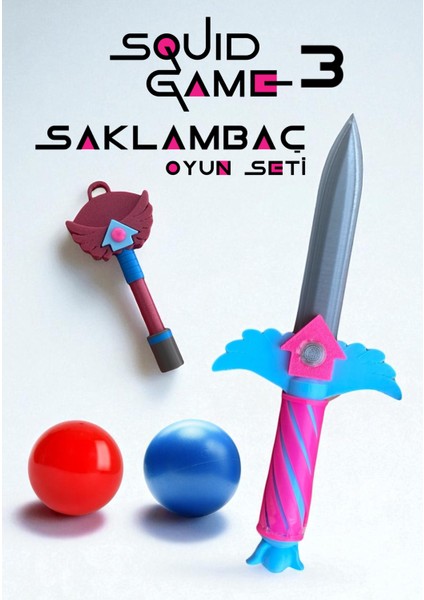 Squid Game 3 Saklambaç Oyun Seti - Squid Knife - Squid Key - Squid Red Ball - Squid Blue Ball