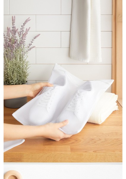 3 Adet Beyaz Fermuarlı Ayakkabı Çamaşır Yıkama Filesi Torbası 35X40
